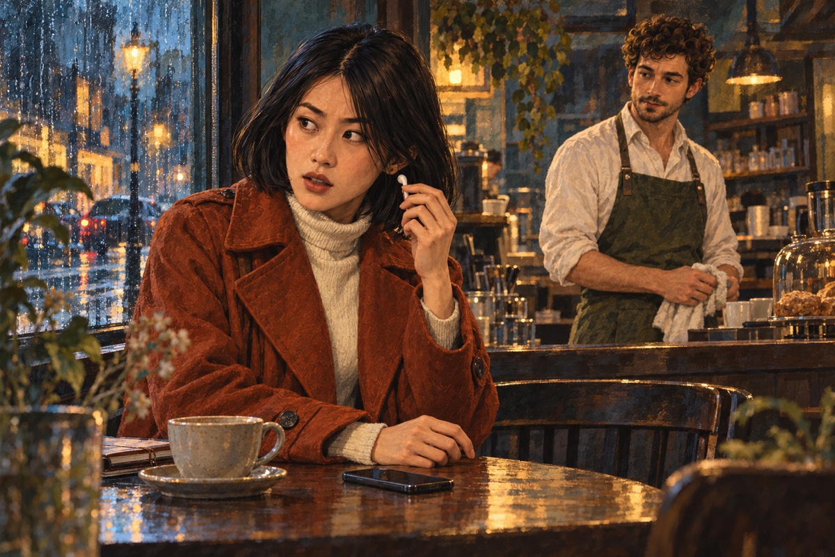 Mina holds a hand to her earphones in a café on a rainy night. Theo, a member of staff, stands behind her.