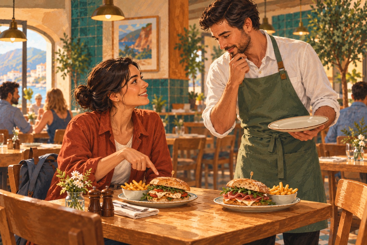 A scene checking an order at a restaurant while traveling